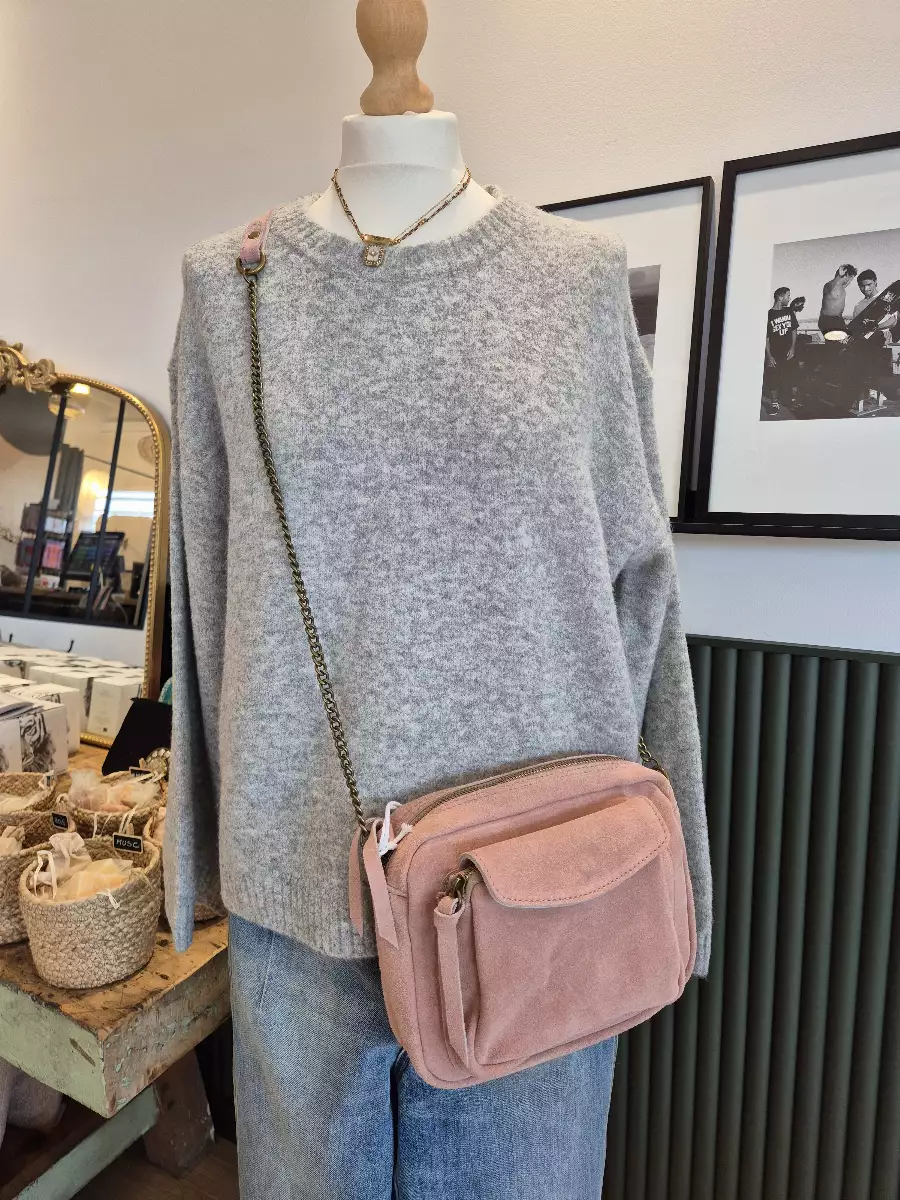 Sac bandoulière cuir daim rose poudré