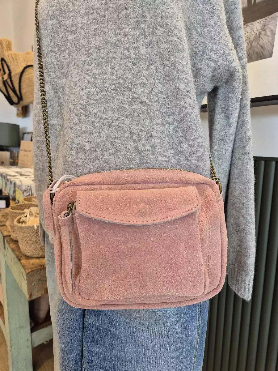 Sac bandoulière cuir daim rose poudré