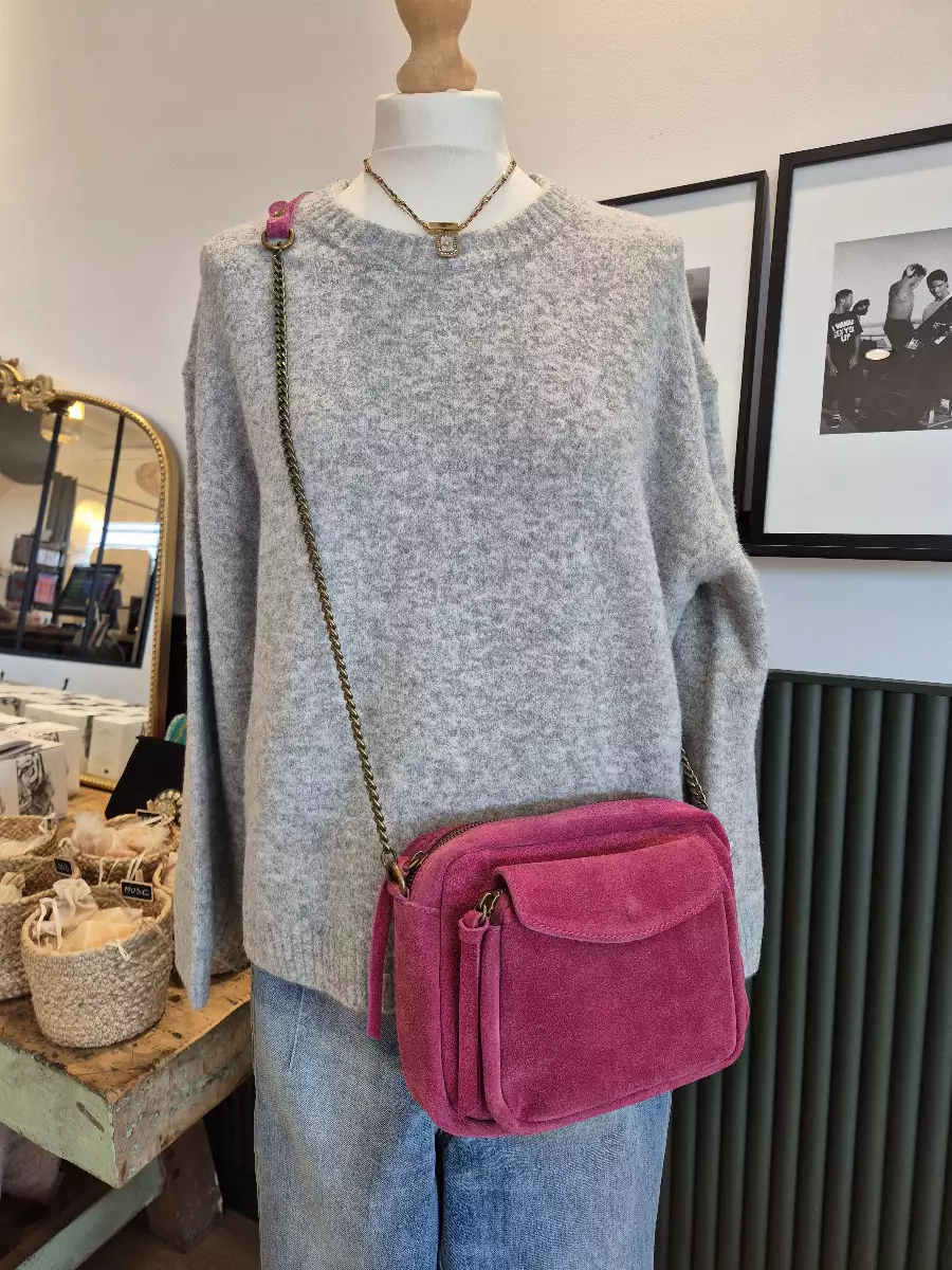 Sac bandoulière cuir daim rose fuschia