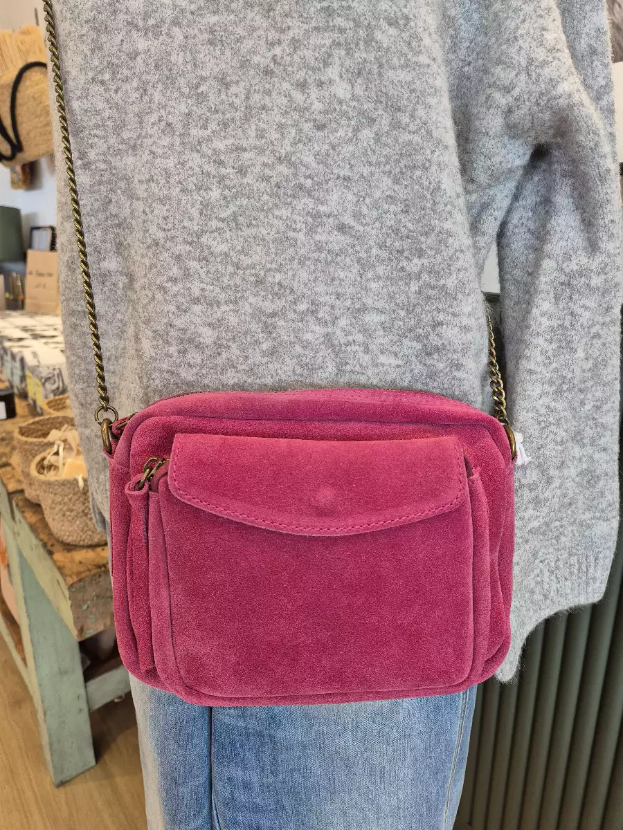 Sac bandoulière cuir daim rose fuschia